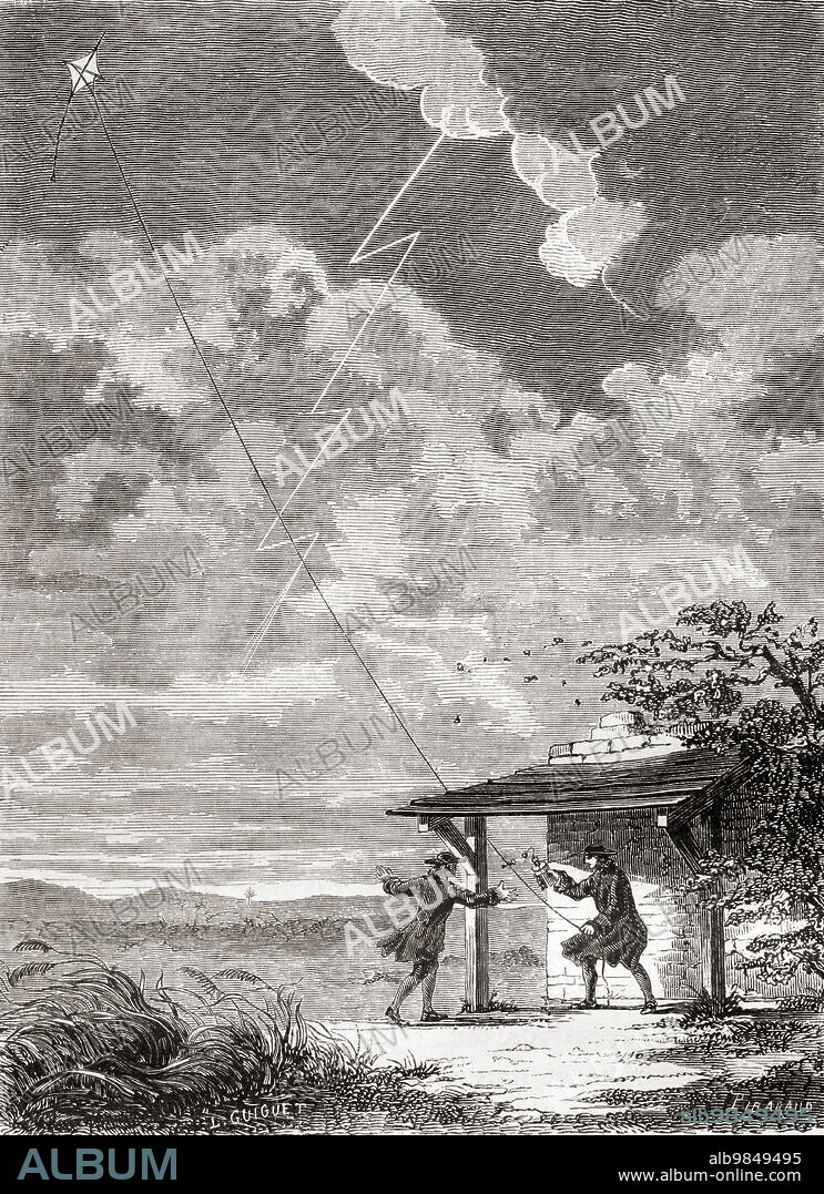 Benjamin Franklin (1706-1790) and his son William, performing their famous experiment on 15 June 1752, flying a kite in a thunderstorm. A metal wire on the kite attracted a lightning strike and electricity flowed down the string to a key, charging a Leyden jar (capacitor) seen near Franklin's hand. This experiment proved that lightning was an electrical phenomenon, and supported Franklin's invention of lightning rods. From Les Merveilles de la Science, published 1870.