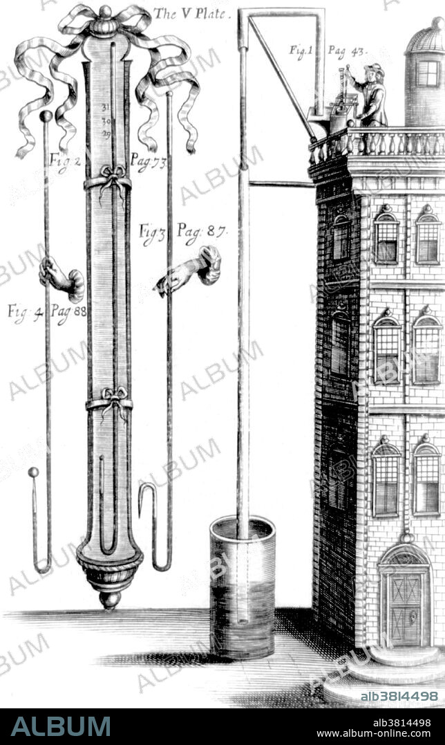 Entitled: "Eight foot mercury barometer and water pumping demonstration from 4 story house proving law that height of fluids raised by suction or pressure varies inversely to its specific gravity." Diagram showing Robert Boyle's experiment to demonstrate the greatest height to which water could be raised by pumping. Boyle stood on a roof approximately 10 meters above a barrel of water and used a pump to suck water from the barrel up a pipe. Boyle showed that due to atmospheric pressure there was a maximum height that water could be drawn to. Illustration from A continuation of new experiments, physicomechanical, touching the spring and weight of the air, and their effects by Robert Boyle, 1669.