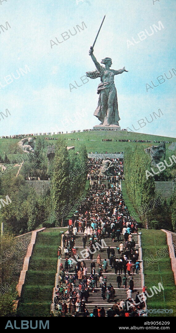 Monument in honor of the great battle on the Volga at Mamaev Kurgan in Volgograd. The Motherland Calls monument to "hero's of the Battle of Stalingrad" on Mamaev Kurgan in Volgograd, Russia. It was designed by sculptor Yevgeny Vuchetich and structural engineer Nikolai Nikitin, and declared the tallest statue in the world in 1967. At 85 m (279 ft), it is the tallest statue in Europe and the tallest statue (excluding pedestals) of a woman in the world.