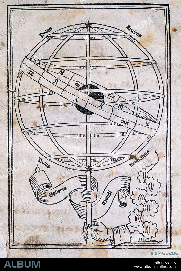 ESFERA ARMILAR. PORTADA de la obra "ASTRONOMICON", del escritor hispano-latino Cayo Julio HIGINIO (siglo I d. C.). Editada en Venecia en el año 1485. Incunable, 283. Biblioteca de la Universidad de Barcelona. Cataluña.