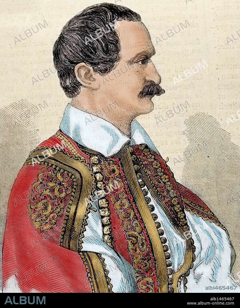 OTON I (Salzburgo,1815-Bamberg,1867). Rey de Grecia (1832-62), segundo hijo de Luis I de Baviera. Obtuvo la corona griega a raiz del Tratado de Londres (1832). Aunque la Asamblea Nacional griega le reconoció como monarca (agosto 1832), era detestado a causa de su origen germánico. Grabado coloreado.