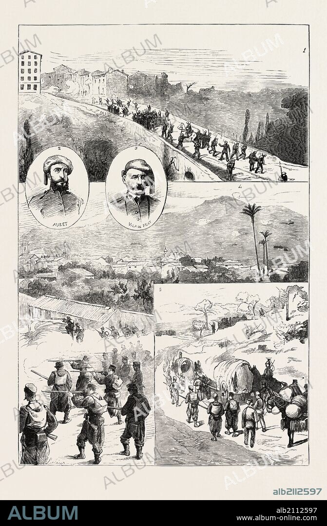 THE CARLIST WAR IN SPAIN: 1. The Inhabitants and Volunteers of Valls repulsing the Carlists. 2. The Carlist Chief Miret. 3. Vila de Prat, Carlist Chief killed in the attack on Igualada. 4. Battle at Jativa. 5. A Berga Convoy, 1873 engraving.