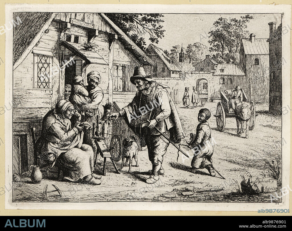 17th century Dutch spectacles seller offering his wares to a woman outside a cottage. The itinerant pedlar holds a tray of glasses. An old woman sits in front of a spinning wheel. Copperplate engraving by David Deuchar after an original by Adriaen van Ostade from A Collection of Etchings after the most Eminent Masters of the Dutch and Flemish Schools, Edinburgh, 1803.