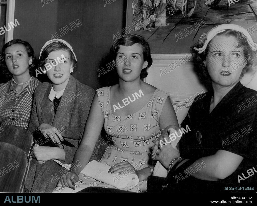Pretty young guests interested in the models were Consuela Zalapa, Desiree Macarthur, Teresa Zalapa, who came with Mrs. Carlos Zalapa. March 08, 1953.