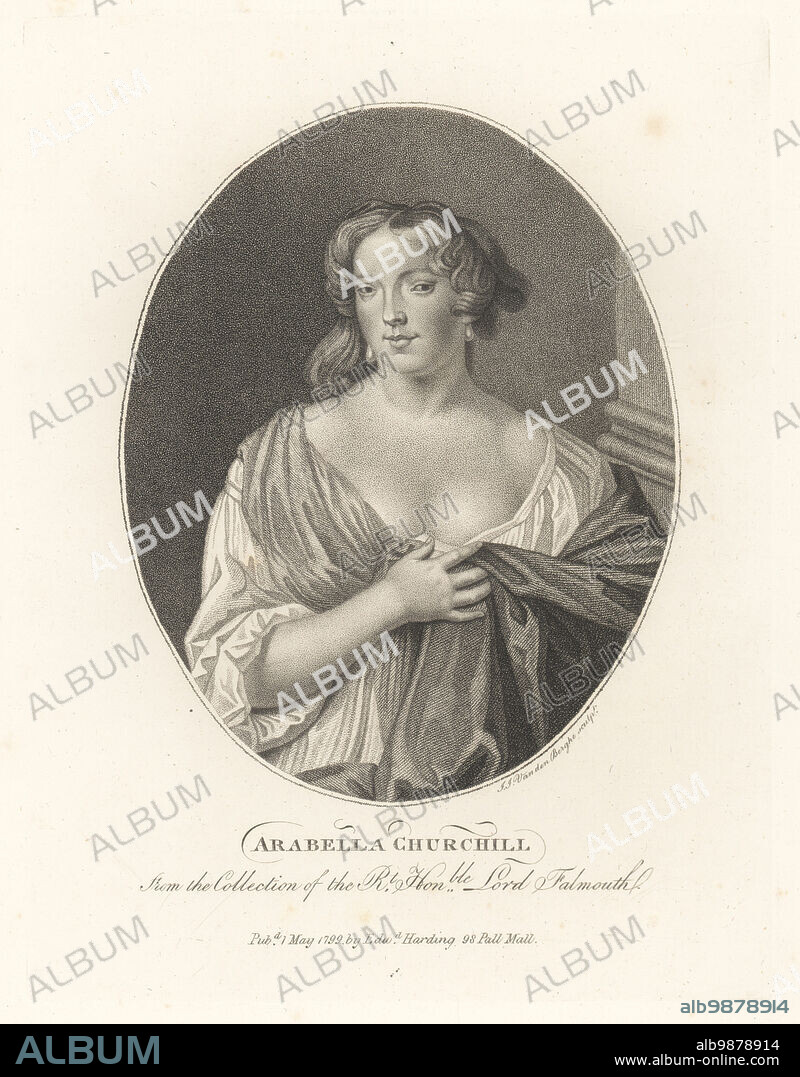 Arabella Godfrey, sister of John Churchill, 1st Duke of Marlborough, mistress of King James II of England, 1649-1730. Arabella Churchill. In pearl earrings, low-cut gown and shawl. From the collection of Lord Falmouth. Copperplate engraving by Ignatius Joseph van den Berghe from John Adolphus The British Cabinet, containing Portraits of Illustrious Personages, printed by T. Bensley for E. Harding, 98 Pall Mall, London, 1800.