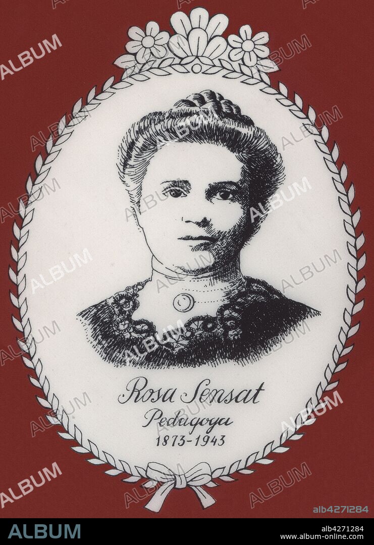 Rosa Sensat Vilà (1873-1961), maestra y educadora catalana que contribuyó al desarrollo de la escuela pública. Dibujo impreso sobre tela.