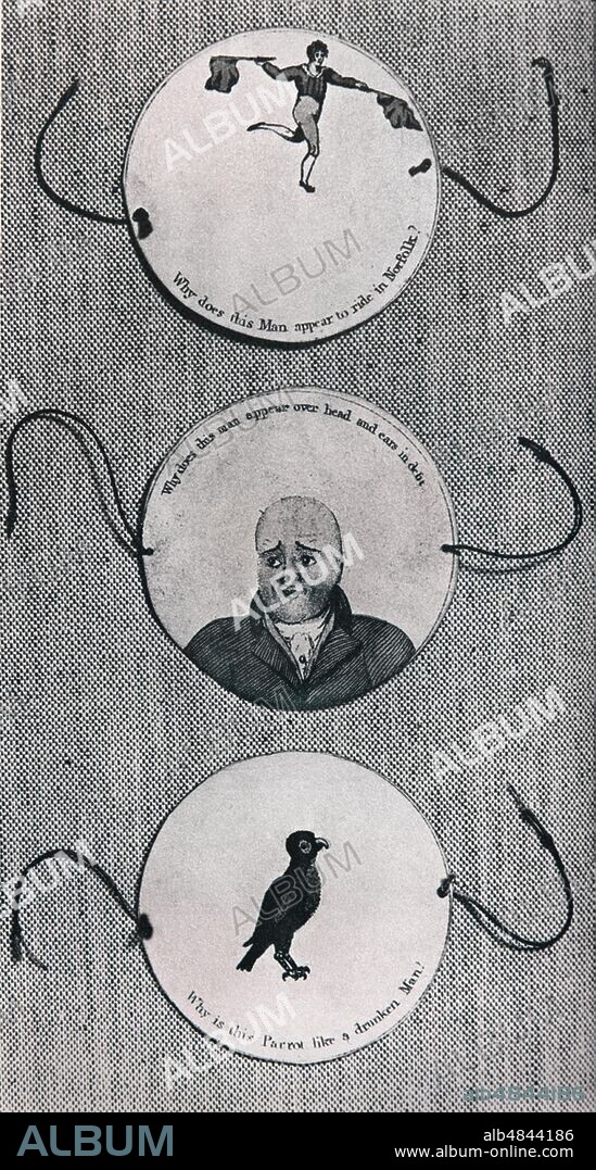 HISTORY OF PHOTOGRAPHY AND CINEMA The 'toy' called taumatropium, described by the British physician dr. John Ayrton Paris (1785 - 24 December 1856), exploits the phenomenon of image persistence on the retina to amaze the little ones, but also the great ones of the early nineteenth century, completing 'magically' the half images that are on the two sides of a cardboard disc (see the other side in FSNgilardi_52742.jpg). When the lines are rotated quickly with the fingers, the two images seem to merge into one. In the figure above the horse appears the acrobat, in the middle the wig covers the head of the bald, at the bottom of the cage encloses the bird. United Kingdom, 1825.