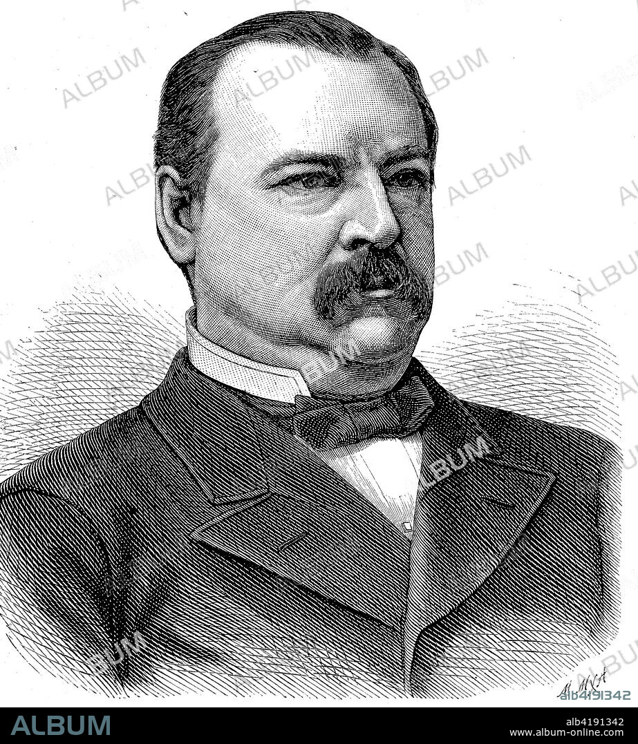 Stephen Grover Cleveland, 1837 - 1908, was an American politician and lawyer who was the 22nd and 24th President of the United States, digital improved reproduction of a woodcut from the year 1885.