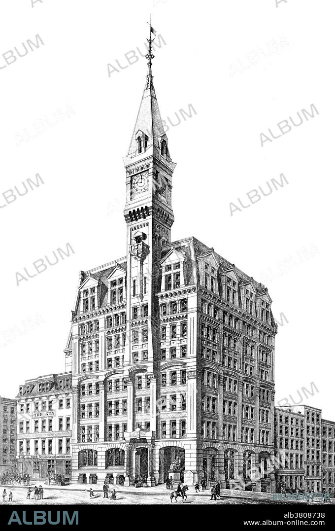 The New York Tribune Building was a building built by Richard Morris Hunt in 1875. It was built as the headquarters of the New York Tribune, and was a brick and masonry structure topped by a Clock Tower. The Tribune was located at 154 Printing House Square on Nassau and Spruce streets, stood 260 feet tall and was one of the first high-rise elevator buildings. Originally a 9 story building, between 1903 and 1905, nine more floors were added by the architects D'Oench & Yost and L. Thouyard to make it an 18 story building. The building has been put forward as a possible candidate as the first ever skyscraper. Pace University held its first classrooms in the building, renting out one room in 1906. The building was demolished in 1966 to make room for the 1 Pace Plaza building. Hermann Claussen for Armstrong & Company, lithographs.