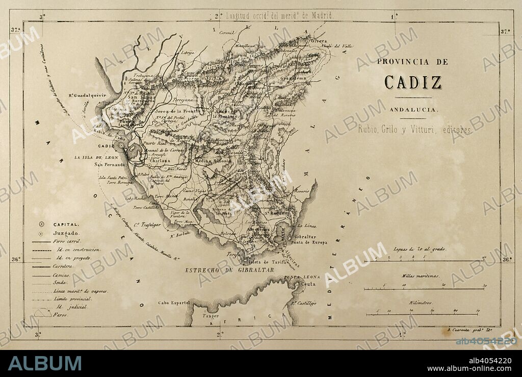 Map of the Cadiz province, Andalusia, Spain. Cronica General de Espa–a, Historia Ilustrada y Descriptiva de sus Provincias. Andalucia, 1867.