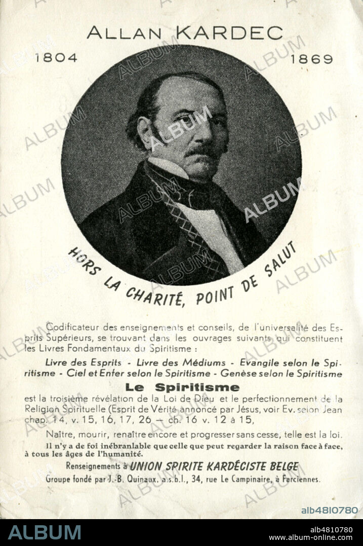 'Hors la charite, point de salut'. Portrait d'Allan KARDEC (1804-1869). Carte postale editee par l'Union spirite kardeciste belge vers 1930. Credit : Collection IM/KHARBINE-TAPABOR.