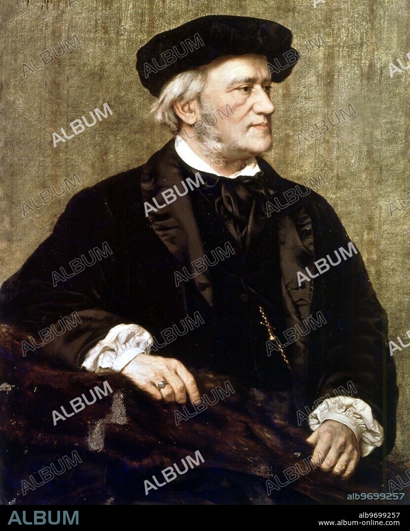 Portrait of Richard Wagner. Museum Italy. Wagner, [Wilhelm] Richard German operatic composer and music critic; composed operas "Rienzi" 1842, "The Flying Dutchman" 1843 (also "Der Fliegende Hollander"), "Tannhauser" 1845, "Lohengrin" 1850, "Tristan and Isolde" 1865, "The Mastersingers of Nuremberg" 1868 (also "Die Meistersinger von Nurnberg"), "Parsifal" 1882, four-opera cycle "The Ring" (also "Der Ring des Nibelungen"; consisting of operas "The Rhinegold" 1869 (also "Das Rheingold"), "The Valkyrie" 1870 (also "Die Walkure"), "Siegfried" 1876, "The Twilight of the Gods" 1876 (also "Die Gotterdammerung")); founded Bayreuth Festival 1876; son-in-law of Franz Liszt 1870 _1813-1883.