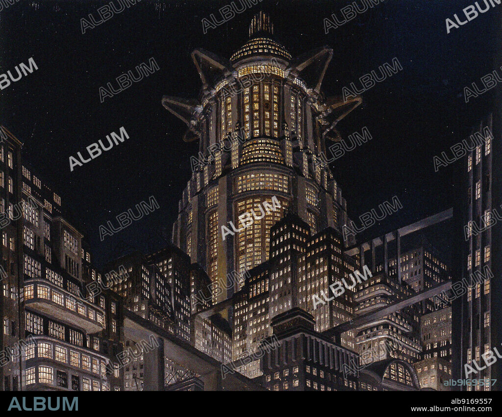 ERICH KETTELHUT. Night view with the tower. Stage design for the feature film "Metropolis" by Fritz Lang.