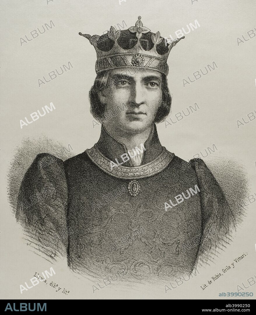 Pedro IV de Aragón, llamado el Ceremonioso (Balaguer, 1319-Barcelona, 1387). Rey de Aragón, Valencia, Cerdeña y Córcega y Conde de Barcelona. Dibujo por Llanta. Litografía. Crónica General de España, Historia Ilustrada y Descriptiva de sus Provincias. Cataluña, 1866. Biblioteca Histórico Militar de Barcelona. Cataluña, España.