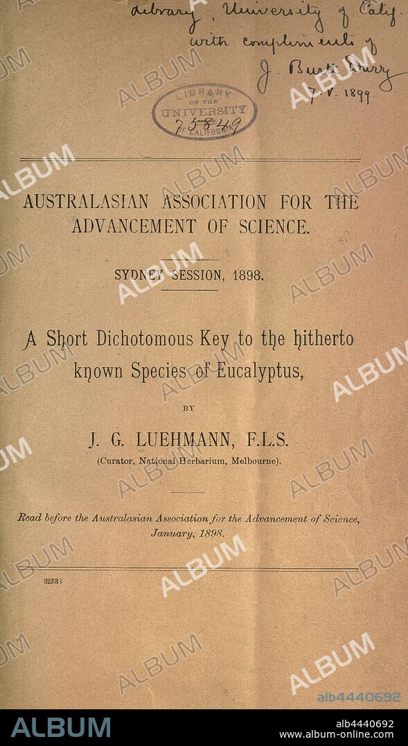 A short dichotomous key to the hitherto unknown species of Eucalyptus : Luehmann, J. George.