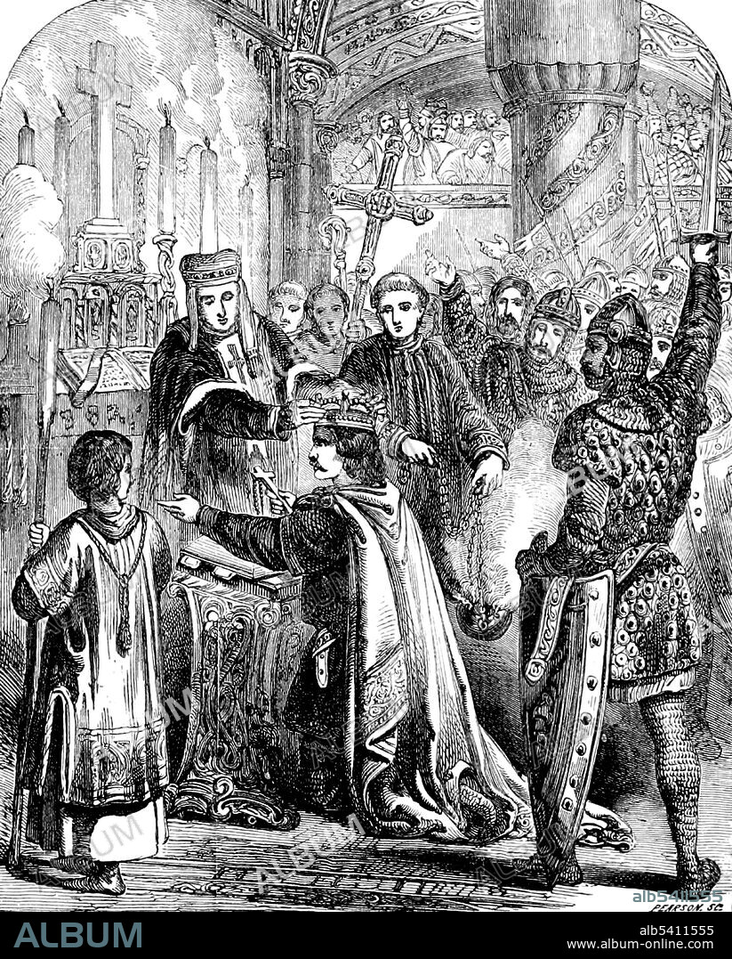 William I (1028 - September 9, 1087) was the first Norman King of England (1066-87). The descendant of Viking raiders, he launched the Norman conquest of England and was crowned king on Christmas Day 1066. Several unsuccessful rebellions followed, but by 1075 William's hold on England was mostly secure. His final years were marked by difficulties in his continental domains, troubles with his eldest son, and threatened invasions of England by the Danes. He died in 1087 while leading a campaign in northern France, and was buried in Caen. His lands were divided after his death: Normandy went to his eldest son, Robert, and his second surviving son, William, received England. Cassell's Illustrated History of England, 1865 (cropped and cleaned).