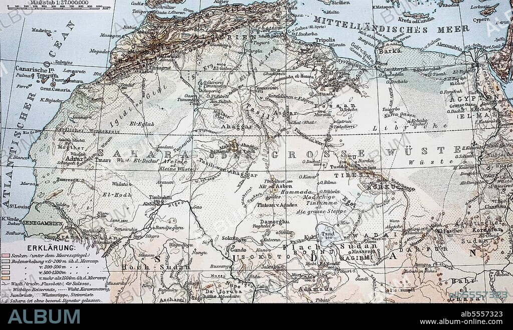 Landkarte, map from the year 1892: the Sahara desert, Wüste Sahara, digital restaurierte Reproduktion einer Originalvorlage aus dem 19. Jahrhundert.