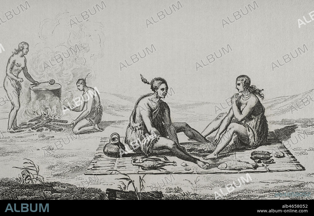United States of America. 16th century French expedition. Florida. Seminoles Indians. Food and meal preparation. Jacques Le Moyne de Morgues (1533-1588) made the illustrations during the expedition. 19th century engraving after the original of Jacques Le Moyne. Panorama Universal. History of the United States of America, from 1st edition of Jean B.G. Roux de Rochelle's Etats-Unis d'AmŽrique in 1837. Spanish edition, printed in Barcelona, 1850.