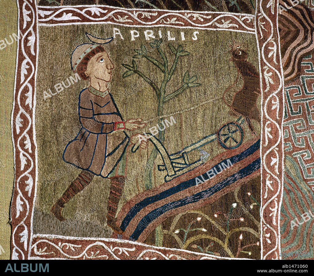 ARTE ROMANICO. S. XI. TAPIZ DE LA CREACION. Representación del MES DE ABRIL (Aprilis): Arboles en flor y un hombre arando. En el cielo, el sol. Museo Capitular de la Catedral de Girona. Cataluña.