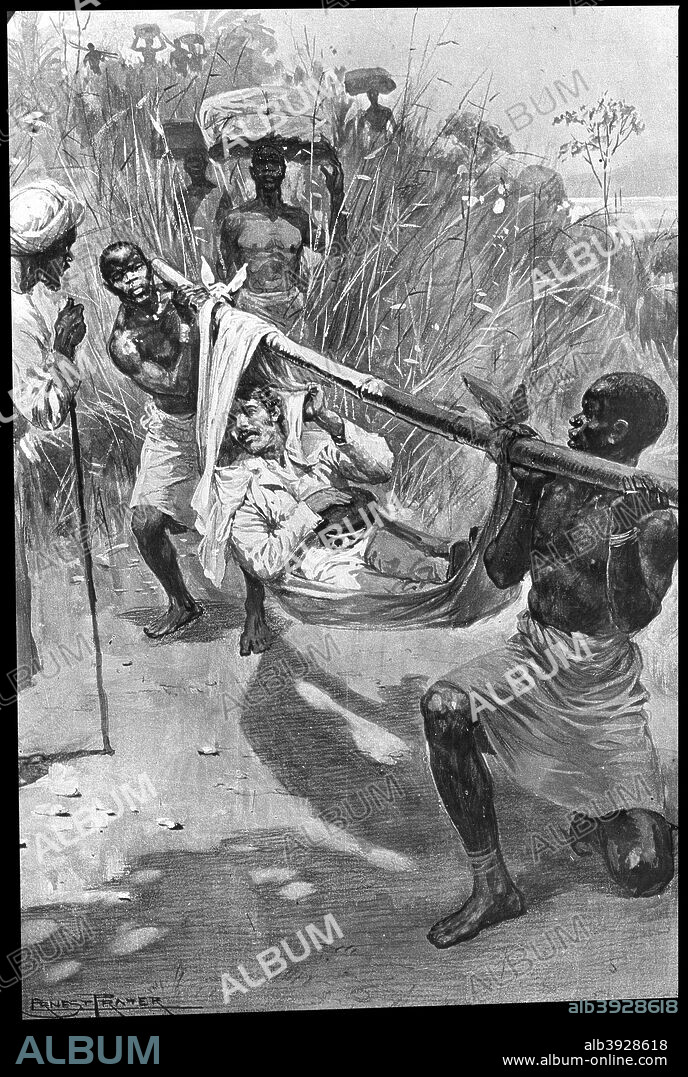 David Livingstone being carried on a makeshift stretcher through the jungle, Africa, 19th century. Scottish missionary and explorer David Livingstone (1813-1873) was the first European to discover the Victoria Falls on the Zambezi river in central Africa. While searching for the source of the Nile in the late 1860s he became seriously ill and went missing. Although he was found, by Henry Morton Stanley in 1871, Livingstone never fully recovered from his illness and died in Bangwelulu, Zambia. Lantern slide.