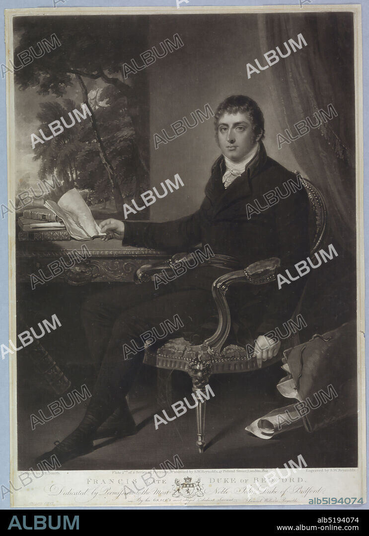 Francis, Duke of Bedford, Samuel William Reynolds, British, 17731835, John Rubens Smith, British, active USA, 17751849, Mezzotint on laid paper, Seated man facing to the left, his hand holding a booklet on a table, a portfolio on the floor lower right., 1802, Print, Print.