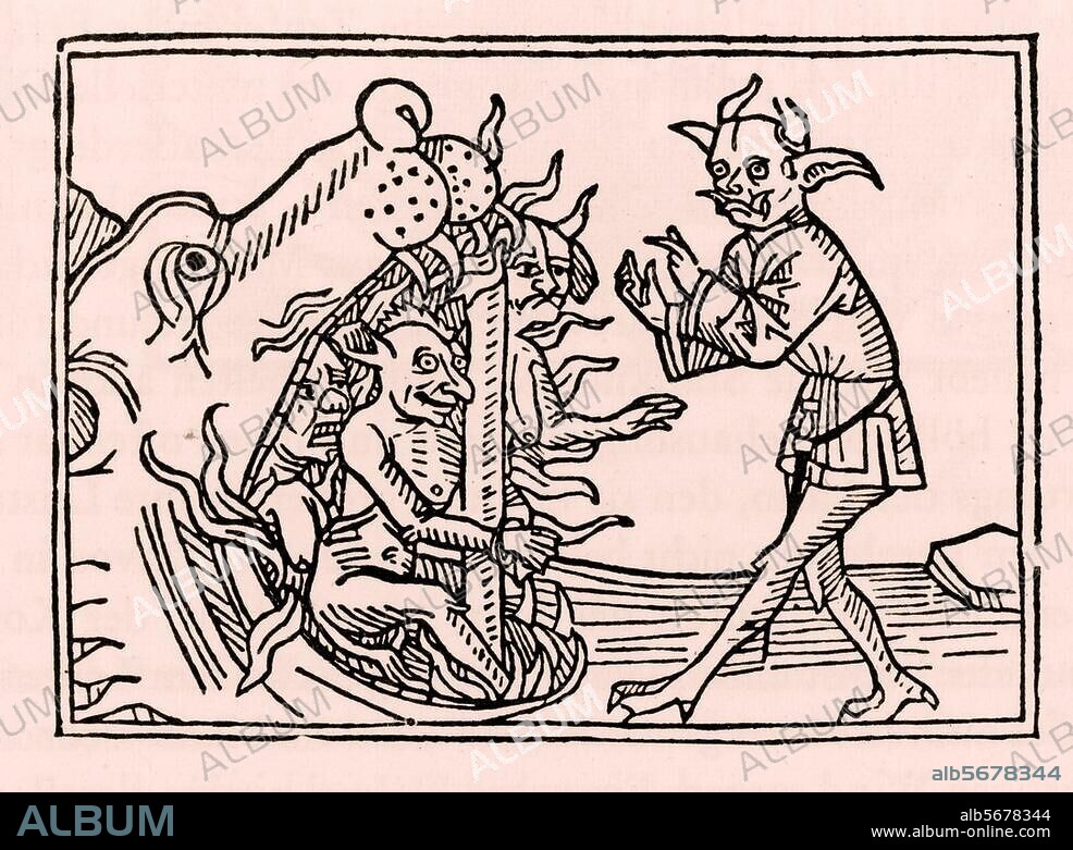 Religion / Devil. The devil Belial at the mouth of hell. Woodcut. From: Das Buch Belial (The Book of Belial), Augsburg 1473.
