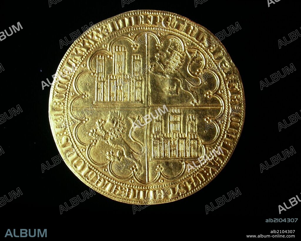 NUMISMATICA. MONEDA MEDIEVAL CRISTIANA. GRAN DOBLA DE DIEZ DOBLAS DE ORO, DE PEDRO I DE CASTILLA. REVERSO. ESCUDO CUARTELADO DE CASTILLOS Y LEONES. 1369. (DEPOSITO: MUSEO ARQUEOLOGICO NACIONAL).