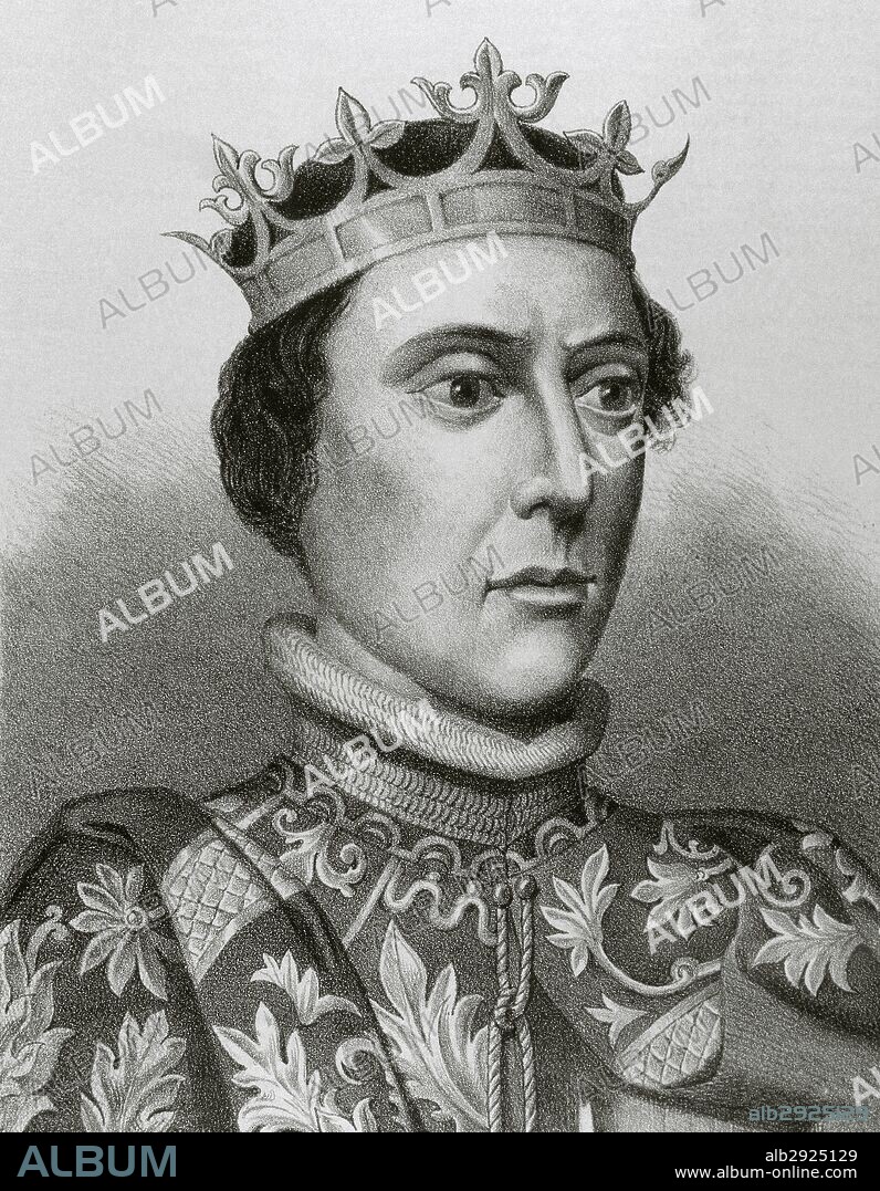 PEDRO I "el Cruel" (Burgos, 1334-Montiel, 1369). Rey de Castilla y de León, hijo y sucesor de Alfonso XI. Su reinado presidió la grave crisis castellana de mediados del siglo XIV. Monarca autoritario, representante de los intereses economico-sociales de la pequeña nobleza, los judios conversos, los concejos castellanos y los comerciantes andaluces. Grabado de "Historia de España Ilustrada", del siglo XIX.