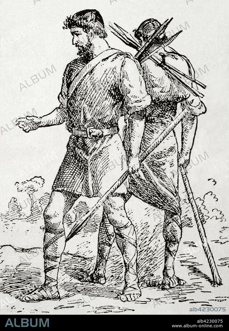 Guerreros almogávares. Grabado. "Museo Militar del Ejército Español", Tomo I. Evaristo Ullastres Editor. Barcelona, 1883. Biblioteca Histórico Militar de Barcelona, Cataluña, España.