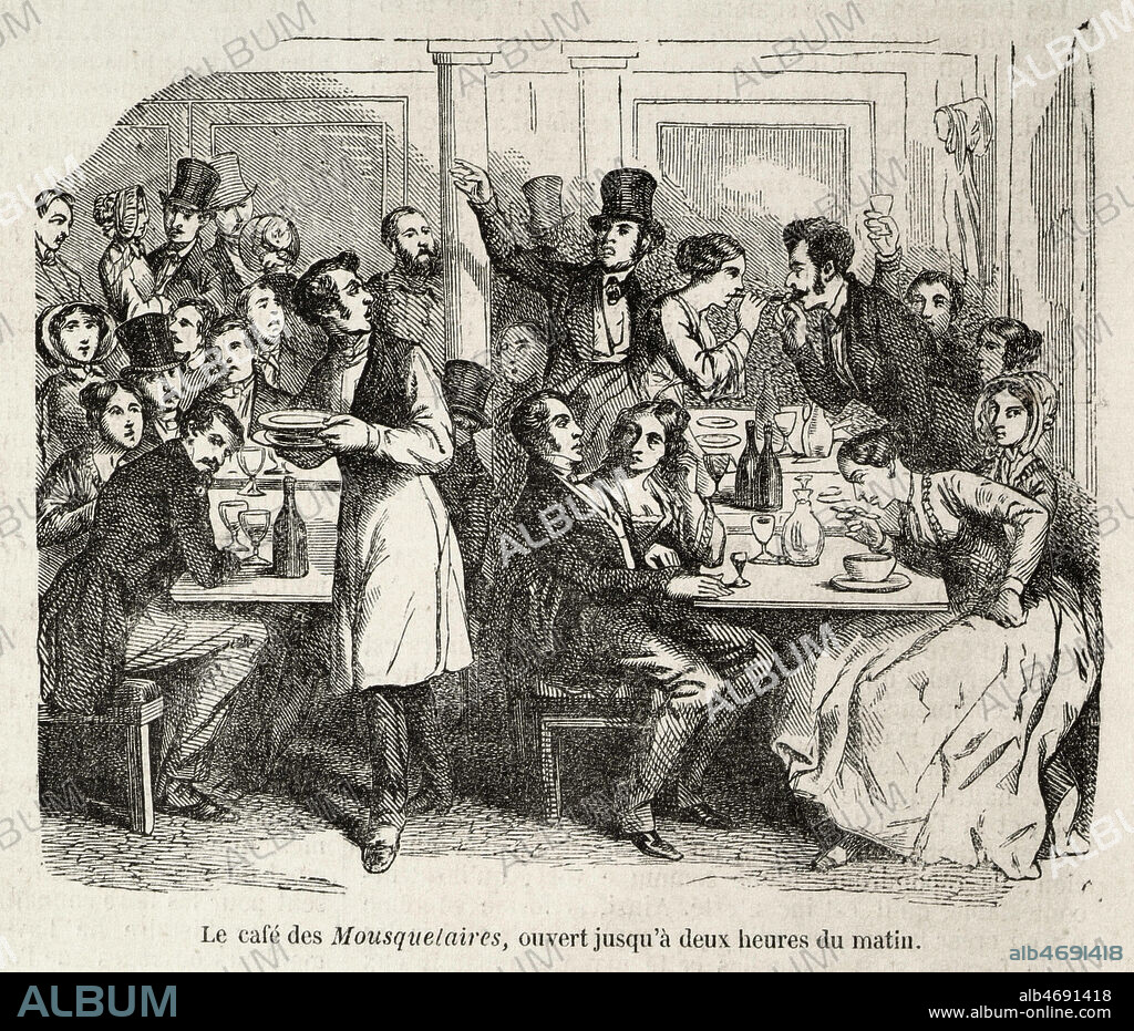 Le Cafe des Mousquetaires ouvert jusqu'a 2 heures du matin. Gravure, 1850. 19eme siecle, a Paris. Credit Collection Kharbine Tapabor.