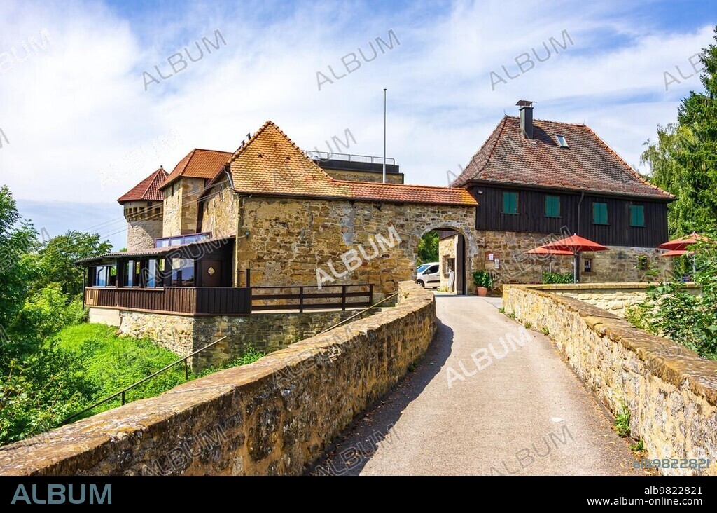 Hohenrechberg castle ruins with castle tavern in front of it in Rechberg; a district of Schwäbisch-Gmünd; Baden-Württemberg; Germany; Europe.