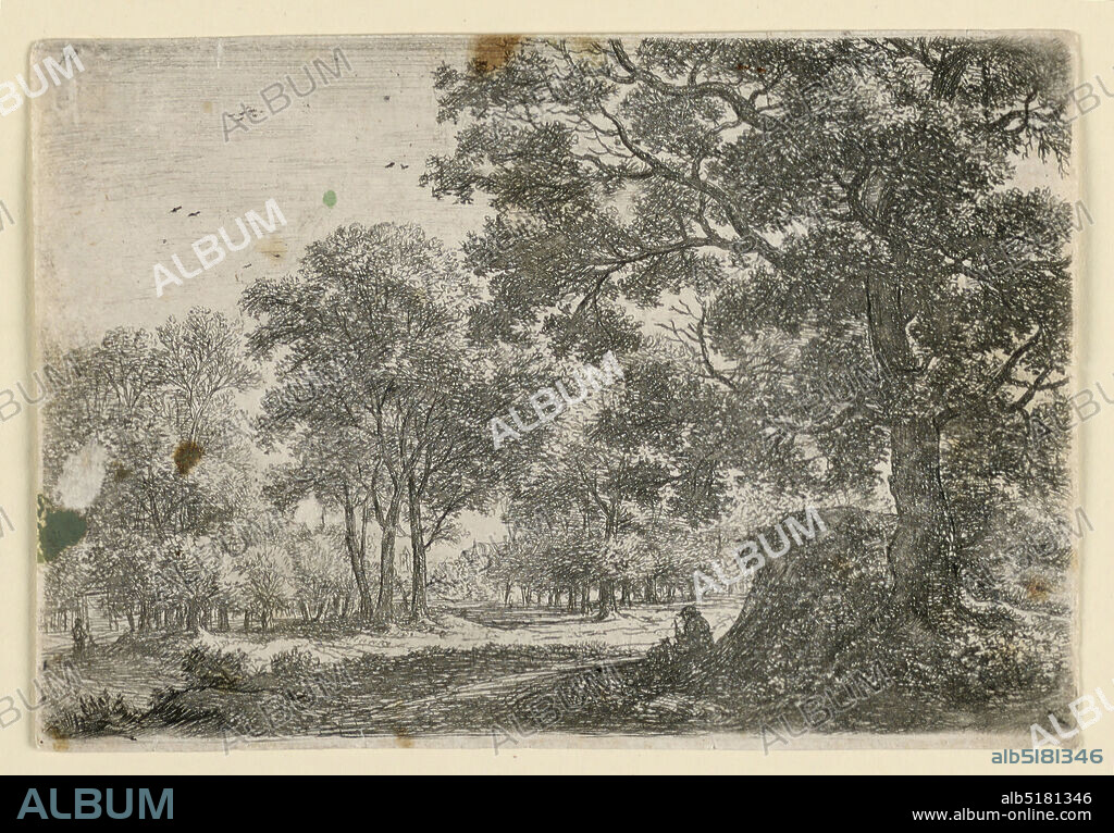 Man Resting on a Grassy Bank Under a Large Tree, Antoni Waterloo, 16181677, Etching on paper, verso: graphite on paper, A man rests against a high grassy bank by a large tree. A village with a church spire is seen through trees in the center distance. Plate reworded. Verso: Sketches of leaves (in pencil)., Netherlands, Amsterdam, Netherlands, ca. 1650, Print, Print.