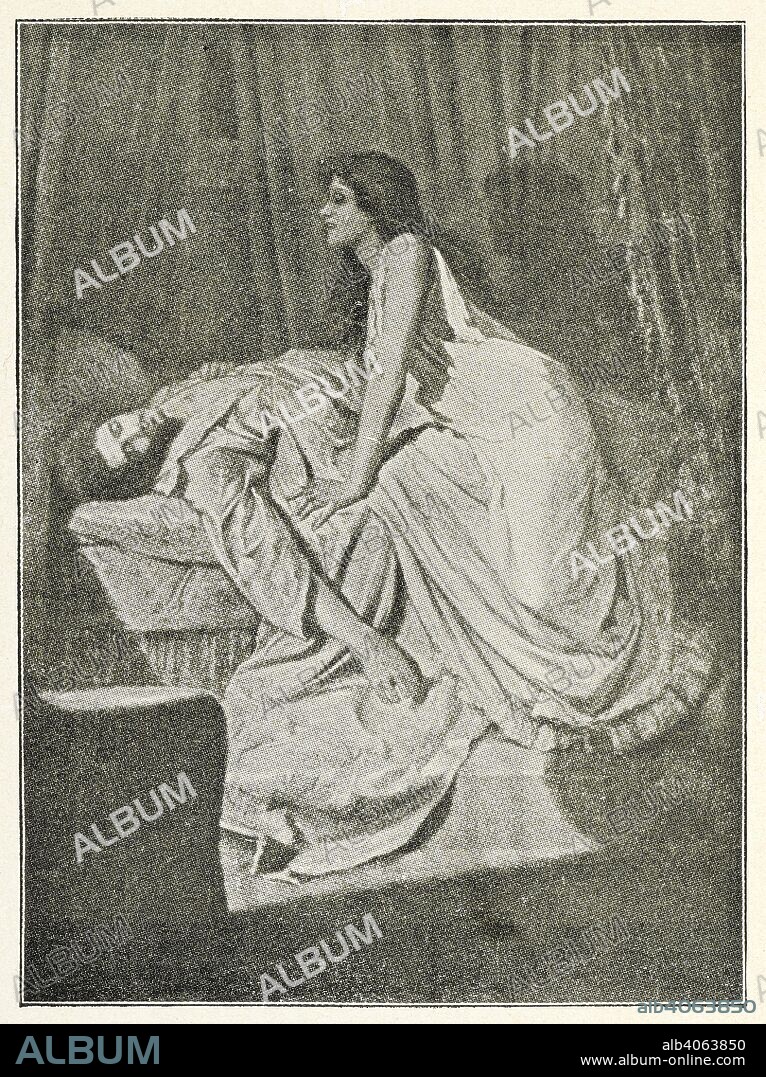 JOHN LOCKWOOD KIPLING and PHILIP BURNE-JONES. A reproduced plate of a painting by Philip Burne-Jones. Note: The quality of the plate in the book is not of good quality. The image shows a woman vampire poised above a sleeping man. The Vampire. A poem ... Written for a picture by Philip Burne-Jones exhibited at the New Gallery in London, 1897. [With a reproduction of the picture.]. [Washington : Woodward & Lothrop, 1898]. Source: Cup.402.a.30 frontispiece plate.