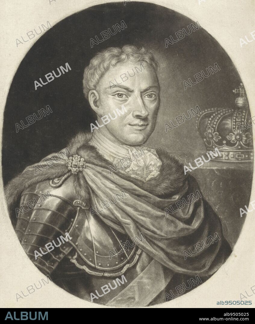 Portrait of Augustus II, King of Poland, Jacob Gole, 1694 - 1724, Augustus II, Elector of Saxony and King of Poland, nicknamed 'The Strong One. In Saxony he was called Frederick August I. He wears armor, beside him the king's crown., print maker: Jacob Gole, (mentioned on object), publisher: Jacob Gole, (mentioned on object), Amsterdam, 1694 - 1724, paper, engraving, h 266 mm × w 178 mm.