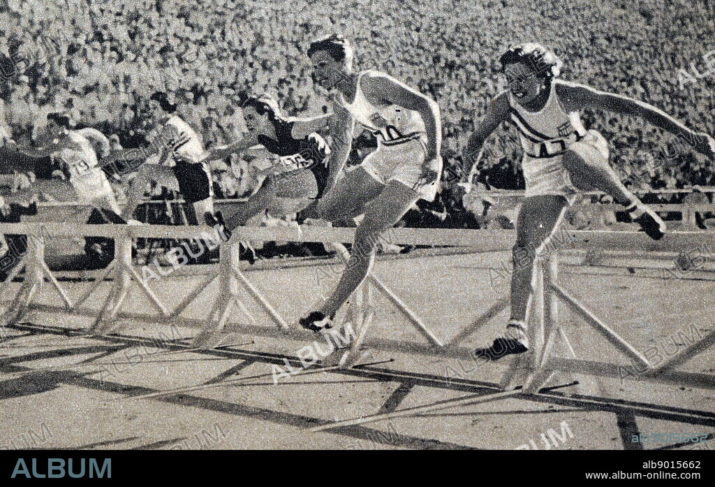 Photograph of Mildred Ella "Babe" Didrikson Zaharias (1911 - 1956) winning the 80m Hurdles at the 1932 Olympic games. Babe gained world fame in track and field and All-American status in basketball.