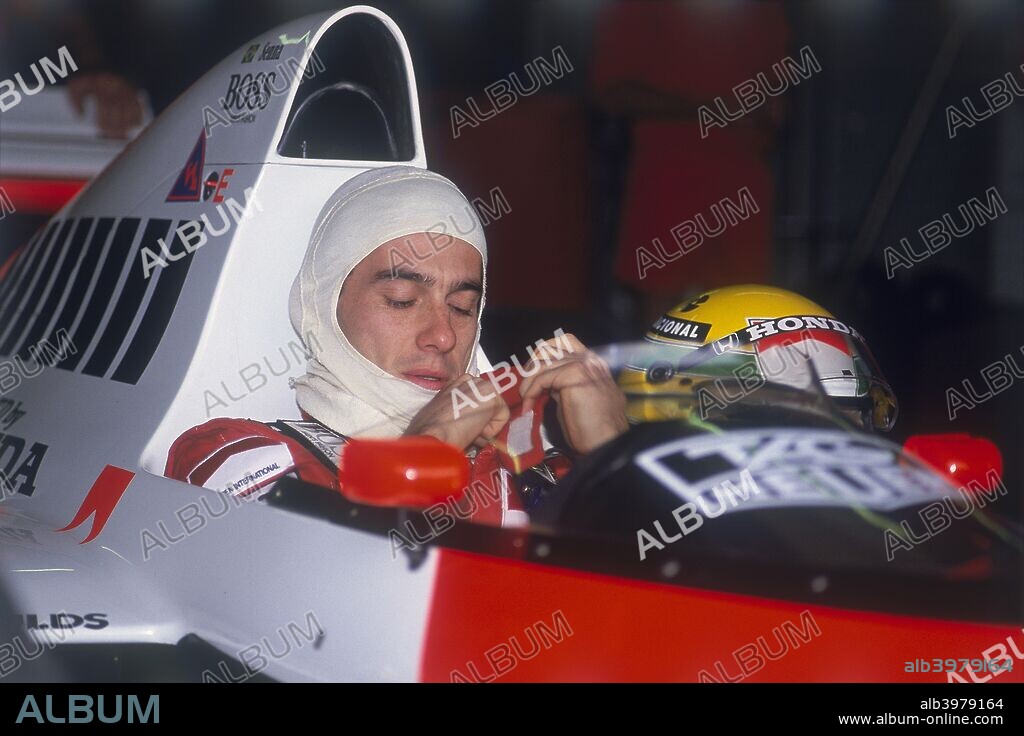 Ayrton Senna in his McLaren-Honda, British Grand Prix, Silverstone, Northamptonshire, 1989. Starting racing in karting as a boy, Senna graduated to Formula 1 in 1984. He won his first race in atrocious wet conditions in Portugal the following season, and went on to add a further 40 victories, 61 qualifying pole positions and three World Drivers' Championships. All three championships were won driving for the McLaren-Honda team. His death in the San Marino Grand Prix in 1994 shocked the sport and led to the introduction of greatly improved safety measures.
