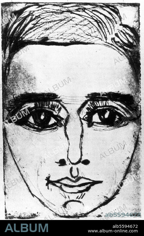 Georg Heym; German poet; Hirschberg 30.10.1887 - (drowned) Wannsee near Berlin 16.1.1912. Portrait. Etching.