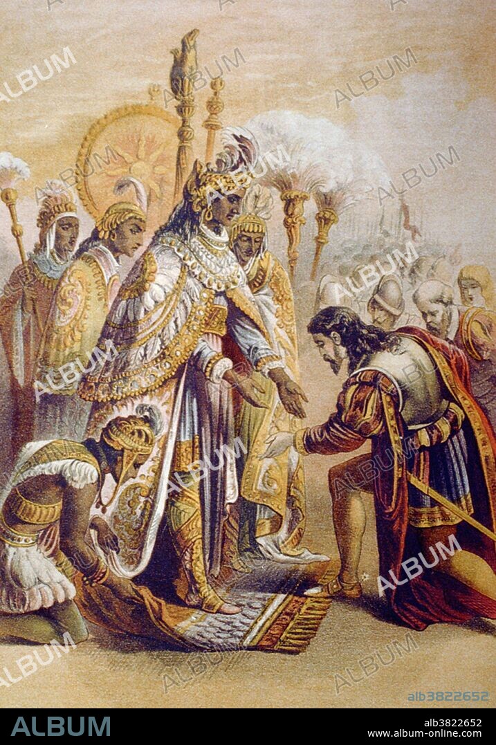 Cortez and his men kneeling before Montezuma, who stands in attitude of benediction. Hernan Cortes de Monroy y Pizarro (1485-1547) was born at Medellin into minor nobility, and after studying at Salamanca chose to look for his fortune in Hispaniola and later Cuba. In 1519, against the orders of the Governor, he led an expedition to the mainland. There he overwhelmed the Aztec Empire, subjugating the populace and claiming most of Mexico for the King of Castille. Moctezuma II (1466 - June 29, 1520) was the 9th tlatoani or ruler of Tenochtitlan (1502-20). The first contact between indigenous civilizations of Mesoamerica and Europeans took place during his reign, and he was killed when CortÃ©s and his men fought to escape from the Aztec capital Tenochtitlan.