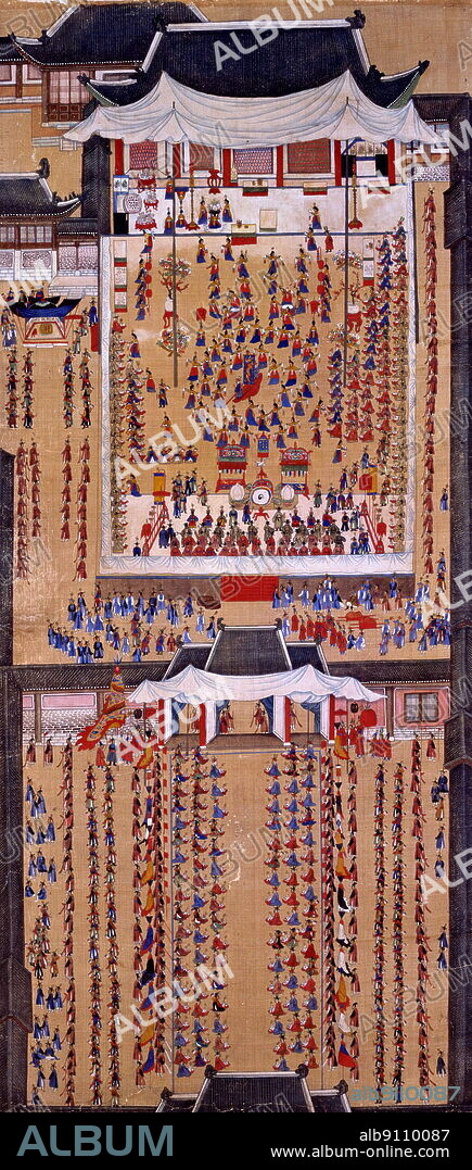 According to palace records, Lady Hyegyeong, King Jeongjo's mother, was so pleased to be presented with a screen of such magnificent scale and stunning precision that she rewarded each of the seven artists who participated in its production. The artists were Choe Deuk-hyeon, Kim Deuk-sin, Yi Myeong-gyu, Jang Han-jong (1768 - 1815), Yun Seok-keun, Heo Sik (1762 - ?) and Yi In-mun. From the time of Joseon Dynasty (1392 - 1910).