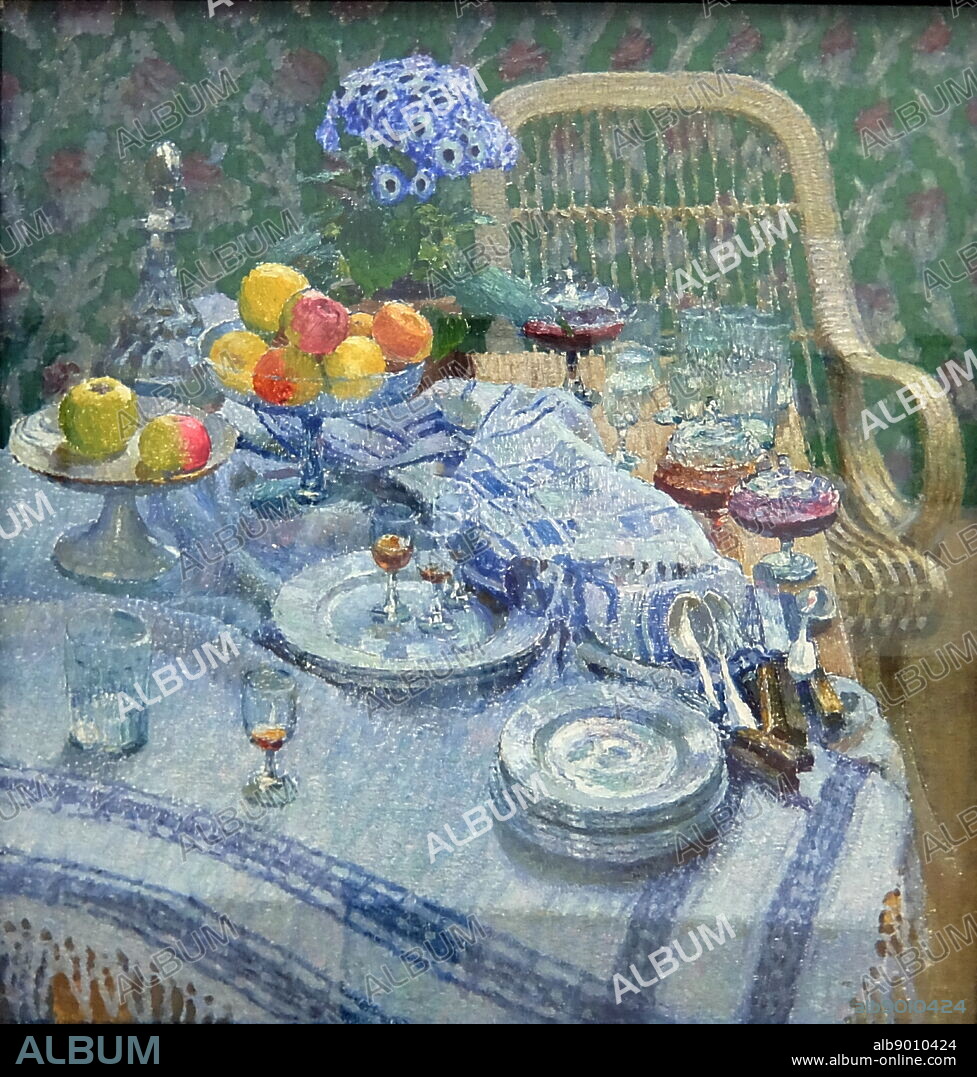 Painting titled 'An Uncleared Table' by Igor Grabar. Igor Emmanuilovich Grabar (1871-1960) a Russian post-impressionist painter, publisher, restorer and art historian.