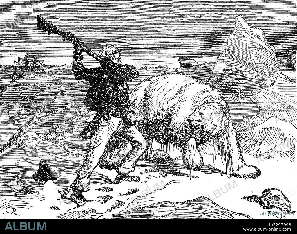 Man is fighting against a polar bear  /  Mann kämpft gegen einen Eisbären, Reproduction of an original 19th century print / Reproduktion von einem Originaldruck aus dem 19. Jahrhundert.