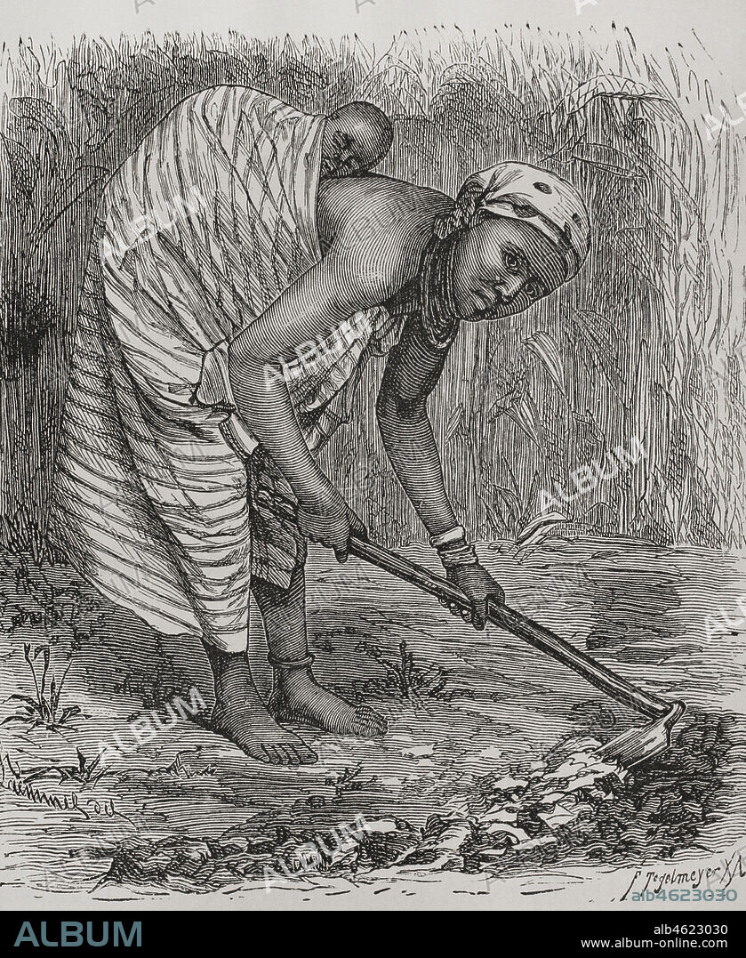 Historia de Africa. Siglo XIX. Esclava trabajando llevando a su hijo atado a la espalda. Grabado por F. Tegelmeyer. El Congo y la Creación del Estado Independiente de este nombre. Historia de los Trabajos y Exploraciones Verificados, por Enrique M. Stanley. Editada en Barcelona, hacia 1890. España.