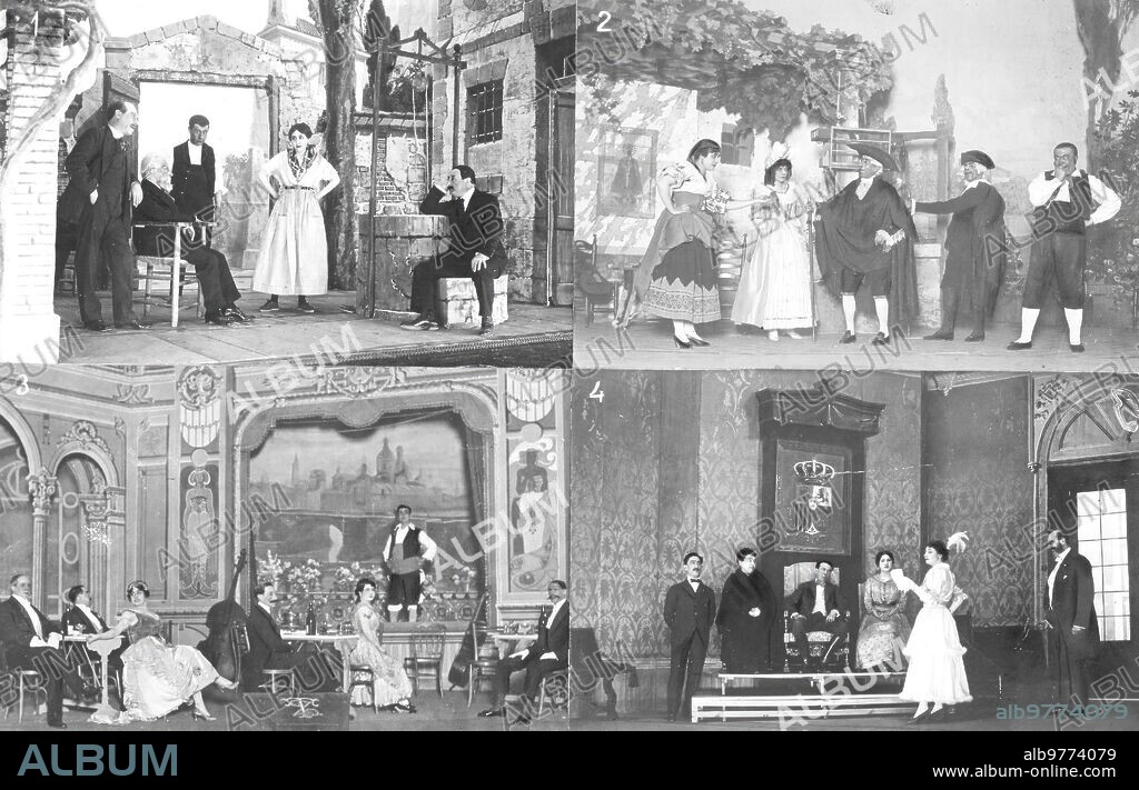 Abril 1917. 1.-en Lara, una escena de la comedia en dos Actos, de Linares Rivas, "como Hormigas". 2.-en Eslava, una escena de la farsa Mímica, "el corregidor y la Molinera", de Martínez Sierra y el maestro Falla. 3.-en la Zarzuela, una escena de la obra en tres Actos, de Fernández de la puente y maestro Vives, "el Tesoro". 4.-en la Comedia, una escena del juguete cómico en tres Actos, de paso y Abati "el viaje del Rey".
