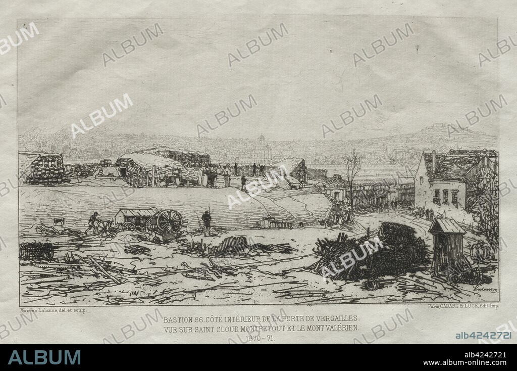 Souvenirs artistiques du Siège de Paris: Bastiene 66. Côté Interieur de la Porte De Versaille vue sur Saint Cloud, Montretout et le Mont Valérien. Maxime Lalanne (French, 1827-1886). Etching; sheet: 28.6 x 43.6 cm (11 1/4 x 17 3/16 in.); platemark: 15.8 x 23.6 cm (6 1/4 x 9 5/16 in.).
