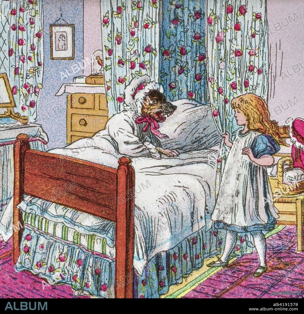 Coloured illustration in a child's storybook, Little Red Riding Hood, with the big bad wolf in Grandmother's bed.