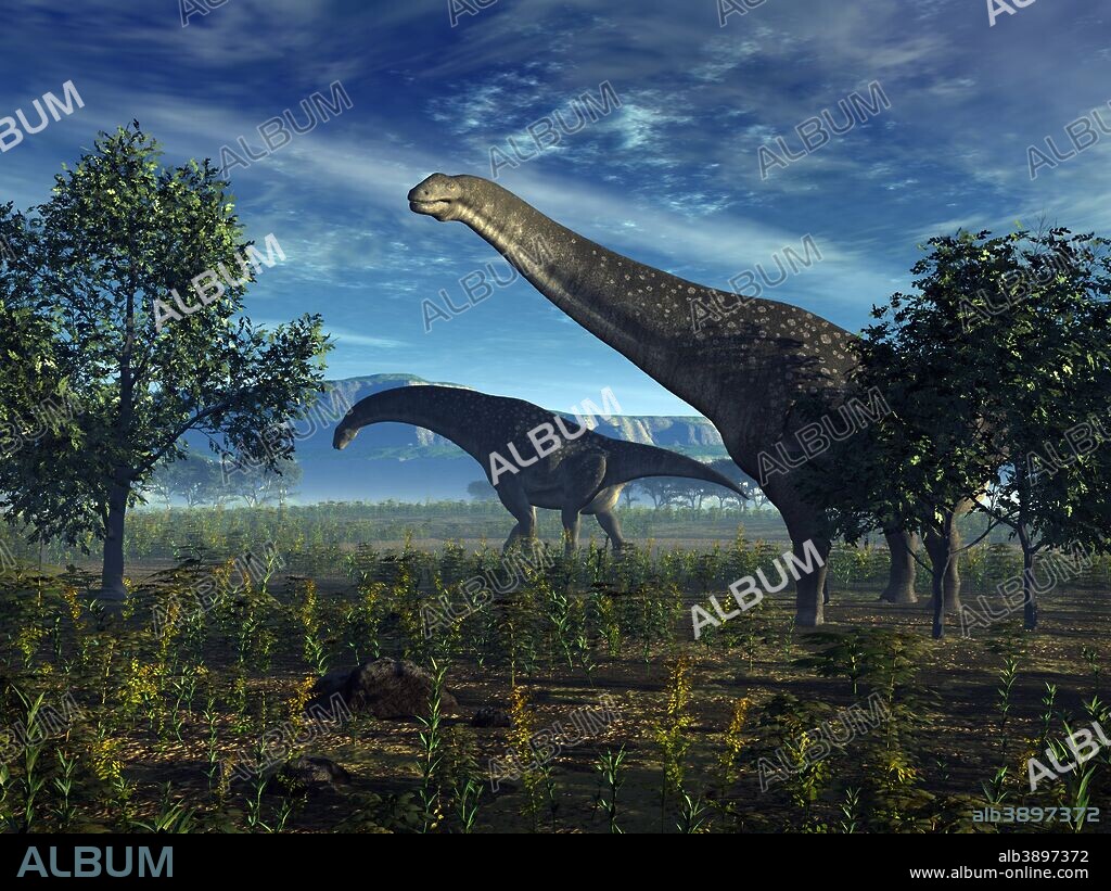 A pair of massive Isisaurus colberti wander lush plains 70 million years ago in what is today central India. Formerly known as Titanosaurus colberti, Isisaurus colberti was a leaf-eating herbivore that grew up to 60 feet long and weighed as much as 15 tons.