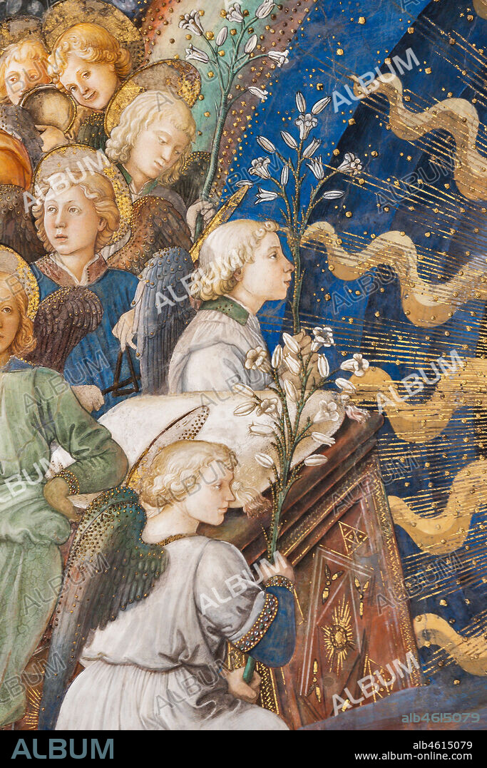 Spoleto, the Duomo (Cathedral of S. Maria Assunta), presbytery, apse bowl-shaped vault: "Coronation of Mary", fresco by Filippo Lippi, helped by Fra' Diamante and Pier Matteo d'Amelia, 1468-9. Detail with angels holding lilies, flowers which are the symbole of purity.