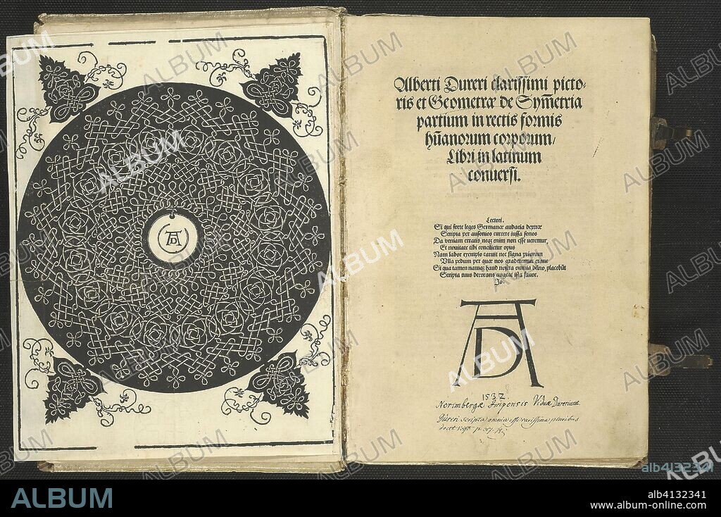 The Third Knot, tipped into The Painter's Manual and other texts. Albrecht Dürer; German, 1471-1528. Date: 1525-1538. Dimensions: 292 x 200 mm (sheet). Woodcut in black on ivory laid paper, tipped into book of woodcuts and letterpress on cream laid paper, in full alum-tawed pigskin over beveled wooden boards, sewn on raised thongs, blind tooled 'all-over' with small tools, with two brass hook-clasp fastenings and hand-sewn headbands. Origin: Germany.