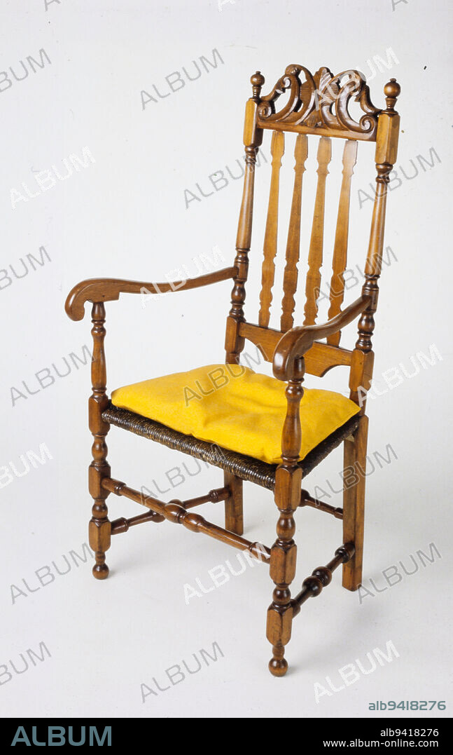 Bannister-back armchair, c. 1720, 47 1/8 x 25in. (119.7 x 63.5cm), Maple, oak, and chestnut with rush seat, United States, 18th century, When ordering chairs, it was common for buyers to specify how much or little decoration they preferred. Chairs could have 'carved topped' or 'plain topped' crest rails, carved or lathe-turned front stretchers, and turned or plain side stretchers. The more elaborate the decoration, the more labor-intensive and more expensive the chair.