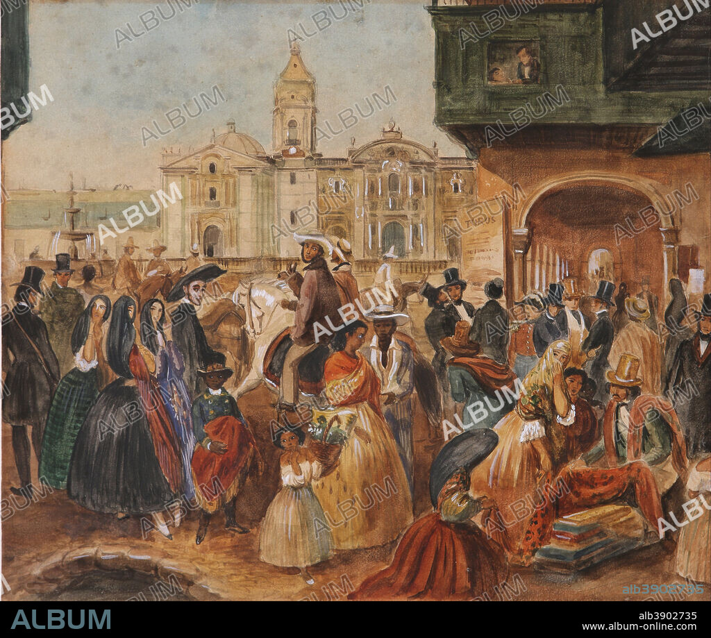 JOHANN MORITZ RUGENDAS. Study for Lima's Main Square. Date/Period: Ca. 1843. Painting. Gouache on paper. Height: 245 mm (9.64 in); Width: 290 mm (11.41 in).